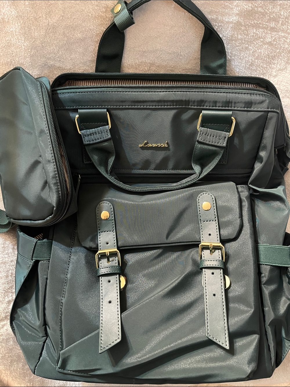 Lavorri Women's Dark Green Nylon Backpack with Gold Hardware